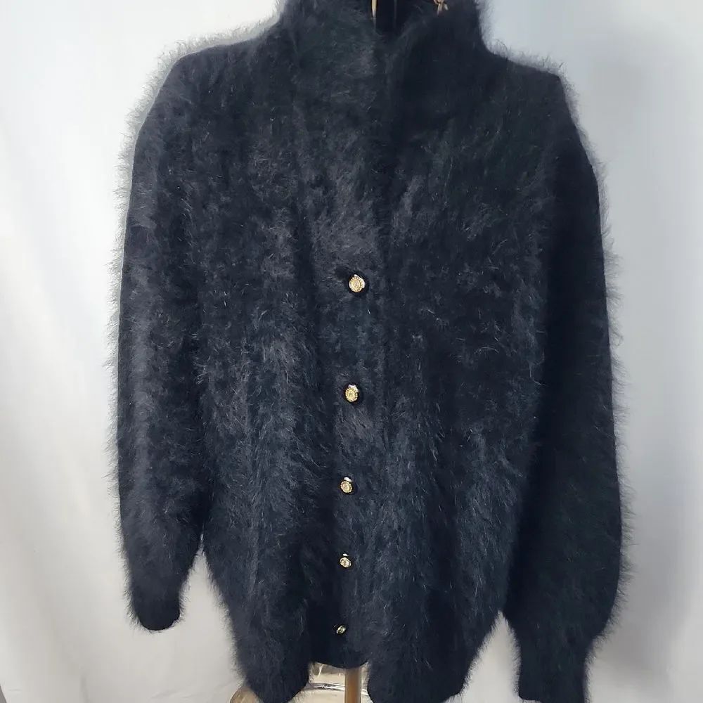 Vintage Soft Quiet Luxury Angora Cardigan Sweater With Rhinestone Buttons